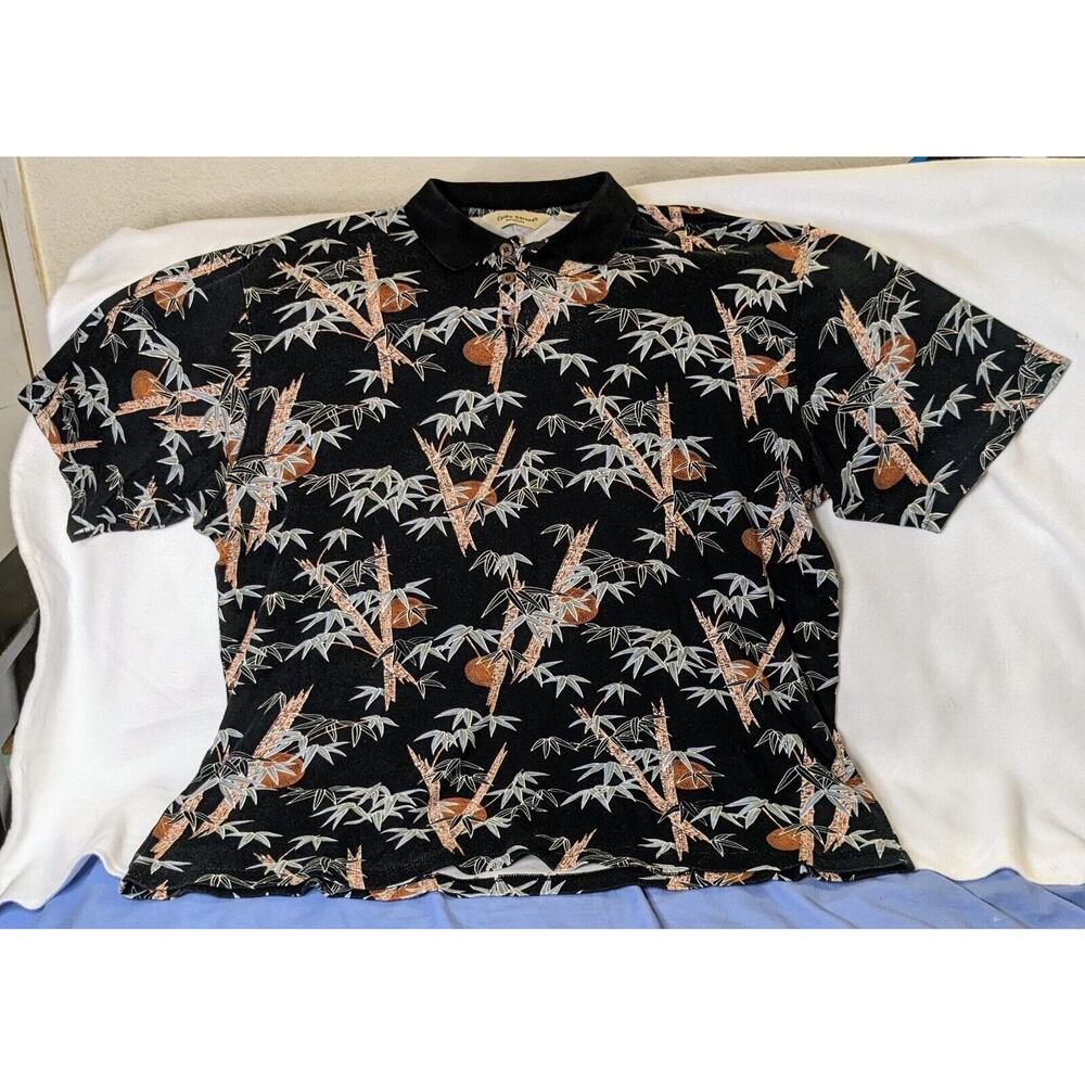 Cooke Street Hawaiian Polo Shirt Mens XXL Black Bamboo Print Aloha
